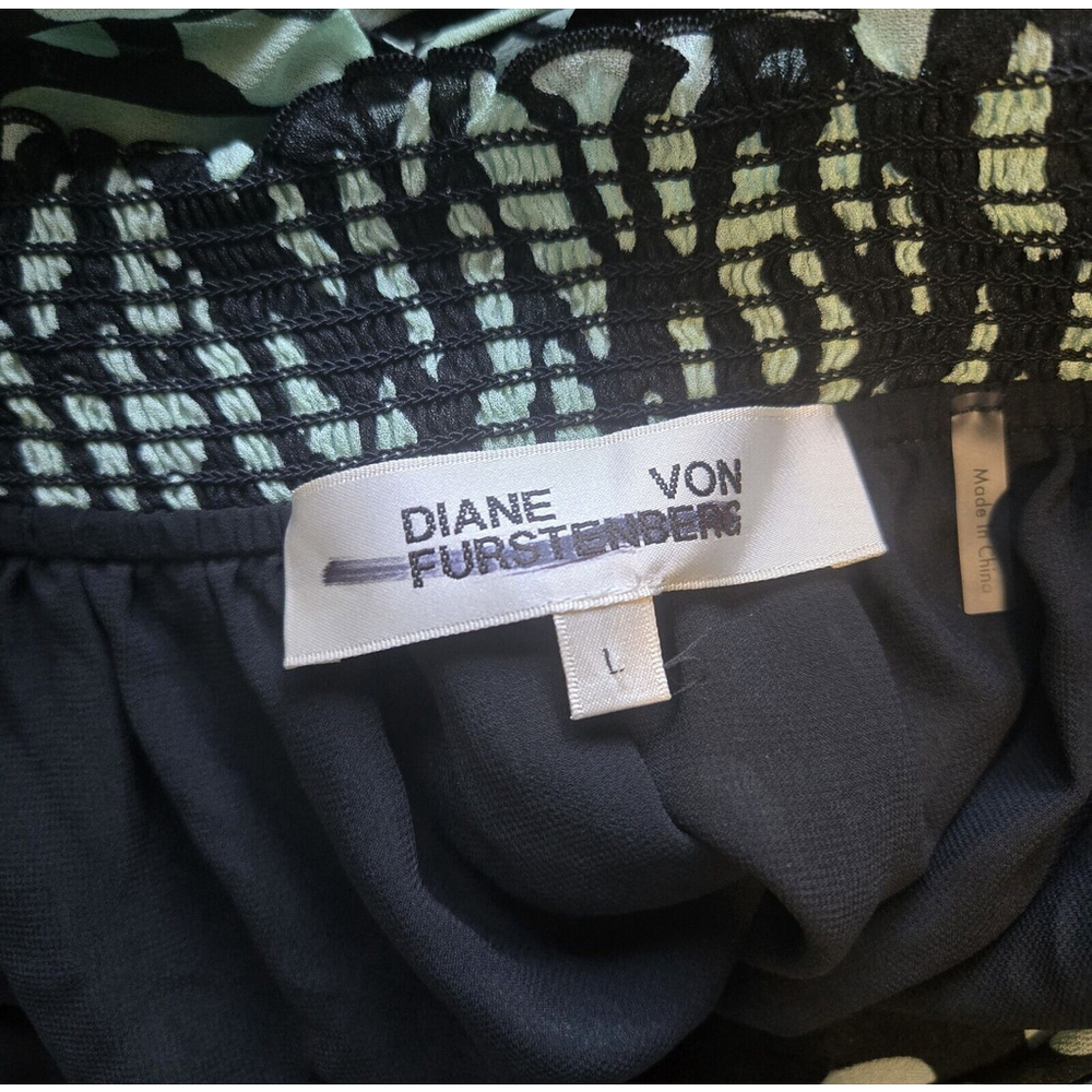 Diane Von Furstenberg Animal Print Mini Dress Size Large Green Black Boho Indie - Picture 6 of 8